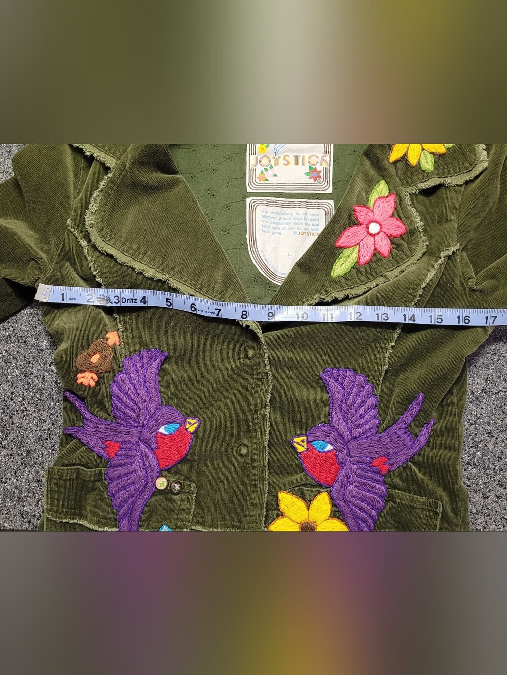 JoyStick Johnny Was Olive Green Corduroy Blazer Embroidered Birds Flowers Boho L - Picture 8 of 12